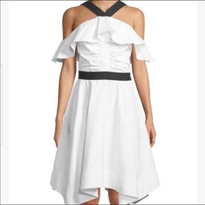 DEREK LAM 10 CROSBY WHITE & BLACK COTTON OFF THE SHOULDER POPLIN DRESS 4